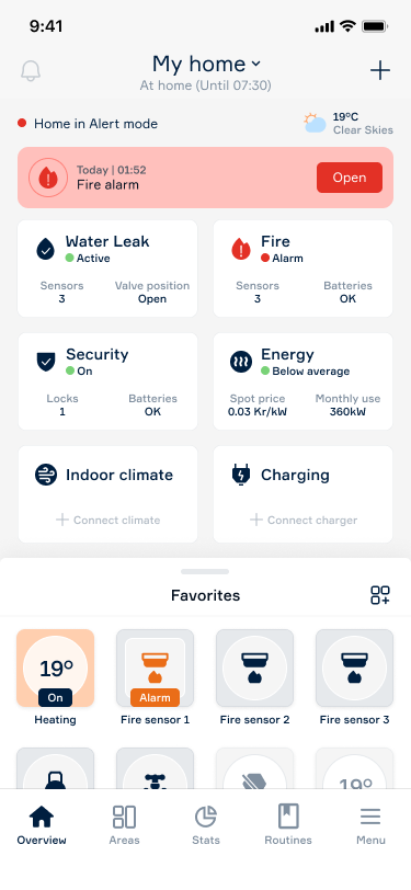 Fire alarm active – home screen