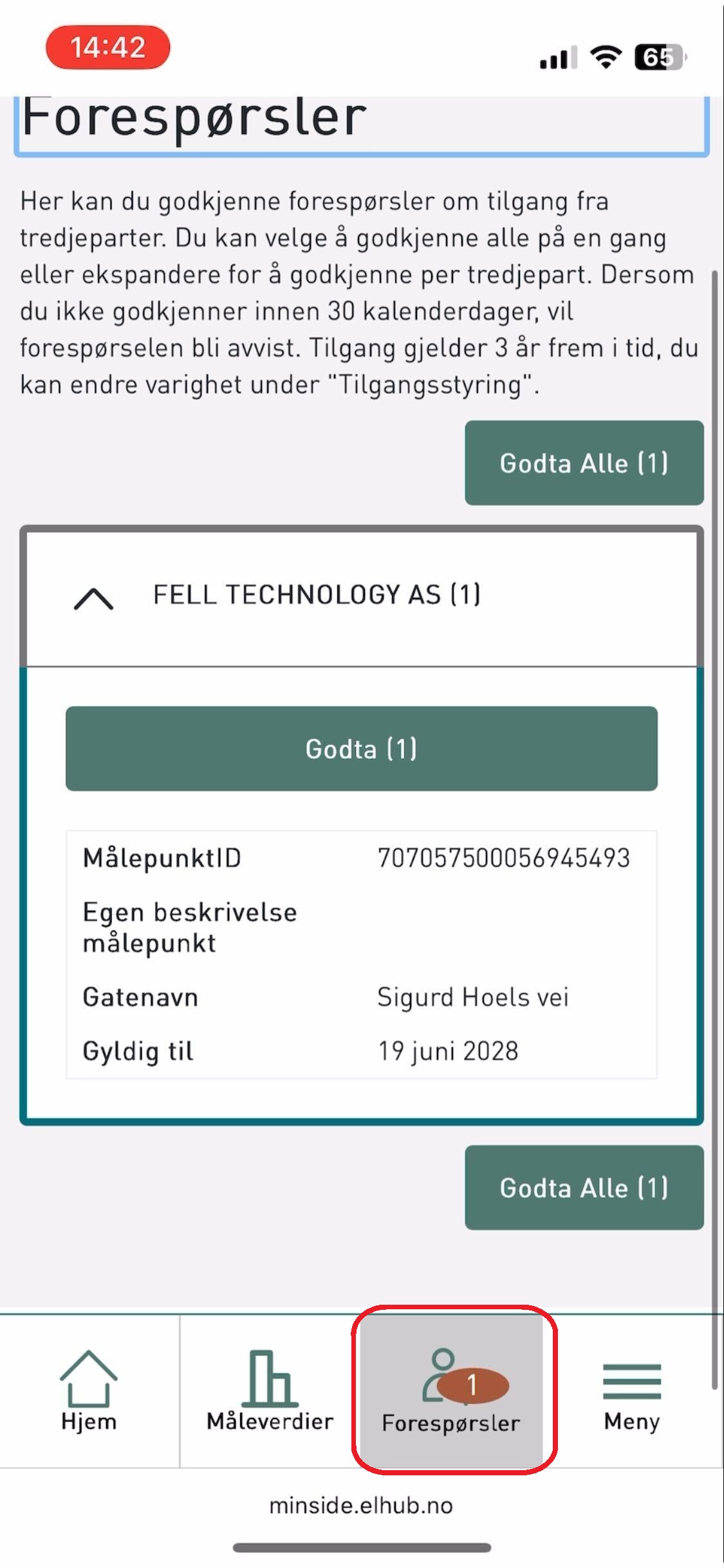 Godkjenning av tredjepartsforespørsel i Elhub